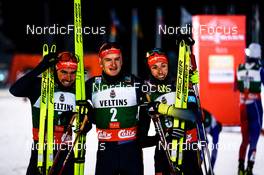 25.11.2022, Ruka, Finland (FIN): Johannes Rydzek (GER), Julian Schmid (GER), Eric Frenzel (GER), (l-r)  - FIS world cup nordic combined men, individual gundersen HS142/5km, Ruka (FIN). www.nordicfocus.com. © Thibaut/NordicFocus. Every downloaded picture is fee-liable.