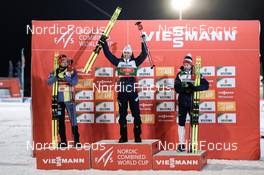 26.11.2022, Ruka, Finland (FIN): Julian Schmid (GER), Jarl Magnus Riiber (NOR), Jens Luraas Oftebro (NOR), (l-r) - FIS world cup nordic combined men, individual gundersen HS142/10km, Ruka (FIN). www.nordicfocus.com. © Thibaut/NordicFocus. Every downloaded picture is fee-liable.