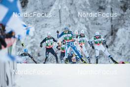 27.11.2022, Ruka, Finland (FIN): Manuel Faisst (GER), Eero Hirvonen (FIN), Jarl Magnus Riiber (NOR), Jens Luraas Oftebro (NOR), (l-r)  - FIS world cup nordic combined men, mass HS142/10km, Ruka (FIN). www.nordicfocus.com. © Modica/NordicFocus. Every downloaded picture is fee-liable.