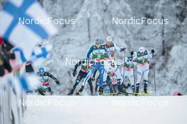 27.11.2022, Ruka, Finland (FIN): Eero Hirvonen (FIN), Manuel Faisst (GER), Jarl Magnus Riiber (NOR), Jens Luraas Oftebro (NOR), (l-r)  - FIS world cup nordic combined men, mass HS142/10km, Ruka (FIN). www.nordicfocus.com. © Modica/NordicFocus. Every downloaded picture is fee-liable.
