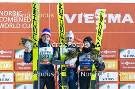 27.11.2022, Ruka, Finland (FIN): Matteo Baud (FRA), Ryota Yamamoto (JPN), Jarl Magnus Riiber (NOR), (l-r) - FIS world cup nordic combined men, mass HS142/10km, Ruka (FIN). www.nordicfocus.com. © Thibaut/NordicFocus. Every downloaded picture is fee-liable.