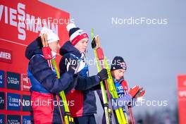 03.12.2022, Lillehammer, Norway (NOR): Jarl Magnus Riiber (NOR), Jens Luraas Oftebro (NOR), Vinzenz Geiger (GER), (l-r), (l-r) - FIS world cup nordic combined men, individual gundersen HS100/10km, Lillehammer (NOR). www.nordicfocus.com. © Modica/NordicFocus. Every downloaded picture is fee-liable.