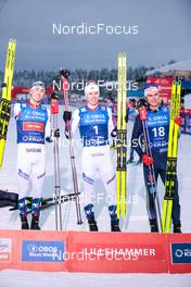 03.12.2022, Lillehammer, Norway (NOR): Jarl Magnus Riiber (NOR), Jens Luraas Oftebro (NOR), Vinzenz Geiger (GER), (l-r), (l-r) - FIS world cup nordic combined men, individual gundersen HS100/10km, Lillehammer (NOR). www.nordicfocus.com. © Modica/NordicFocus. Every downloaded picture is fee-liable.