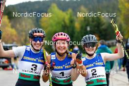 15.10.2022, Hinterzarten, Germany (GER): Jenny Nowak (GER), Nathalie Armbuster (GER), Anne Haeckel (GER), (l-r)  - German Championships Nordic Combined men and women, individual gundersen HS111/5km women, Hinterzarten (GER). www.nordicfocus.com. © Volk/NordicFocus. Every downloaded picture is fee-liable.