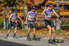 16.10.2022, Hinterzarten, Germany (GER): Terence Weber (GER), Fabian Riessle (GER), Johannes Rydzek (GER), (l-r)  - German Championships Nordic Combined men and women, team HS111/15km men, Hinterzarten (GER). www.nordicfocus.com. © Volk/NordicFocus. Every downloaded picture is fee-liable.