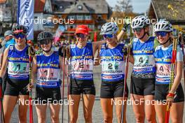 16.10.2022, Hinterzarten, Germany (GER): Jenny Nowak (GER), Anne Haeckel (GER), Maria Gerboth (GER), Cindy Haasch (GER), Sophia Maurus (GER), Magdalena Burger (GER), (l-r)  - German Championships Nordic Combined men and women, team HS111/7.5km women, Hinterzarten (GER). www.nordicfocus.com. © Volk/NordicFocus. Every downloaded picture is fee-liable.