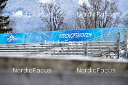 08.01.2022, Bischofshofen, Austria (AUT): feature: „Bischofshofen“ banner, empty stands - FIS world cup ski jumping men, individual HS142, Bischofshofen (AUT). www.nordicfocus.com. © Reichert/NordicFocus. Every downloaded picture is fee-liable.