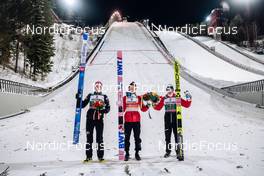 27.02.2022, Lahti, Finland (FIN): Halvor Egner Granerud (NOR), Ryoyu Kobayashi (JPN), Stefan Kraft (AUT), (l-r)  - FIS world cup ski jumping men, individual HS130, Lahti (FIN). www.nordicfocus.com. © Modica/NordicFocus. Every downloaded picture is fee-liable.