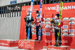 27.02.2022, Lahti, Finland (FIN): Ryoyu Kobayashi (JPN), Halvor Egner Granerud (NOR), Stefan Kraft (AUT), (l-r) - FIS world cup ski jumping men, individual HS130, Lahti (FIN). www.nordicfocus.com. © Modica/NordicFocus. Every downloaded picture is fee-liable.