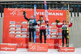27.02.2022, Lahti, Finland (FIN): Ryoyu Kobayashi (JPN), Halvor Egner Granerud (NOR), Stefan Kraft (AUT), (l-r) - FIS world cup ski jumping men, individual HS130, Lahti (FIN). www.nordicfocus.com. © Modica/NordicFocus. Every downloaded picture is fee-liable.