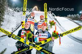 26.02.2022, Lahti, Finland (FIN): Constantin Schmid (GER), Severin Freund (GER), Markus Eisenbichler (GER), Karl Geiger (GER), (l-r) - FIS world cup ski jumping men, team HS130, Lahti (FIN). www.nordicfocus.com. © Thibaut/NordicFocus. Every downloaded picture is fee-liable.