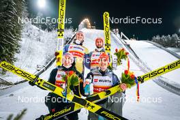 26.02.2022, Lahti, Finland (FIN): Constantin Schmid (GER), Severin Freund (GER), Markus Eisenbichler (GER), Karl Geiger (GER), (l-r) - FIS world cup ski jumping men, team HS130, Lahti (FIN). www.nordicfocus.com. © Thibaut/NordicFocus. Every downloaded picture is fee-liable.