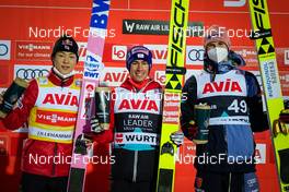 03.03.2022, Lillehammer, Norway (NOR): Ryoyu Kobayashi (JPN), Stefan Kraft (AUT), Karl Geiger (GER), (l-r) - FIS world cup ski jumping men, individual HS140, Lillehammer (NOR). www.nordicfocus.com. © Thibaut/NordicFocus. Every downloaded picture is fee-liable.