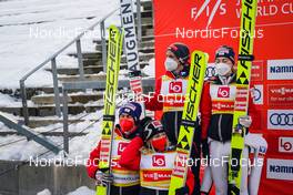 04.03.2022, Oslo, Norway (NOR): Chiara Kreuzer (AUT), Manuel Fettner (AUT), Marita Kramer (AUT), Stefan Kraft (AUT), (l-r)  - FIS world cup ski jumping men and women, mixed team HS134, Oslo (NOR). www.nordicfocus.com. © Thibaut/NordicFocus. Every downloaded picture is fee-liable.