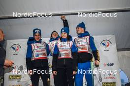 01.04.2022, Premanon, France (FRA): Matteo Baud (FRA), Josephine Pagnier (FRA), Marco Heinis (FRA), Laurent Muehlethaler (FRA), (l-r) - French Championships ski jumping, team, Premanon (FRA). www.nordicfocus.com. © Augustin Authamayou/NordicFocus. Every downloaded picture is fee-liable.