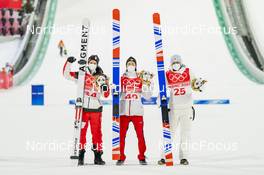06.02.2022, Beijing, China (CHN): Manuel Fettner (AUT), Ryoyu Kobayashi (JPN), Dawid Kubacki (POL), (l-r)  - XXIV. Olympic Winter Games Beijing 2022, ski jumping men, individual HS106, Beijing (CHN). www.nordicfocus.com. © Thibaut/NordicFocus. Every downloaded picture is fee-liable.