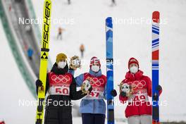 12.02.2022, Beijing, China (CHN): Karl Geiger (GER), Marius Lindvik (NOR), Ryoyu Kobayashi (JPN), (l-r)  - XXIV. Olympic Winter Games Beijing 2022, ski jumping men, individual HS140, Beijing (CHN). www.nordicfocus.com. © Thibaut/NordicFocus. Every downloaded picture is fee-liable.