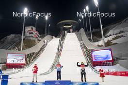 12.02.2022, Beijing, China (CHN): Ryoyu Kobayashi (JPN), Marius Lindvik (NOR), Karl Geiger (GER), (l-r) - XXIV. Olympic Winter Games Beijing 2022, ski jumping men, individual HS140, Beijing (CHN). www.nordicfocus.com. © Thibaut/NordicFocus. Every downloaded picture is fee-liable.