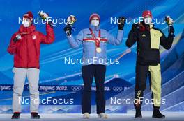 13.02.2022, Beijing, China (CHN): Ryoyu Kobayashi (JPN), Marius Lindvik (NOR), Karl Geiger (GER), (l-r) - XXIV. Olympic Winter Games Beijing 2022, ski jumping men, medals, Beijing (CHN). www.nordicfocus.com. © Thibaut/NordicFocus. Every downloaded picture is fee-liable.