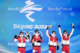 15.02.2022, Beijing, China (CHN): Stefan Kraft (AUT), Daniel Huber (AUT), Jan Hoerl (AUT), Manuel Fettner (AUT), (l-r)  - XXIV. Olympic Winter Games Beijing 2022, ski jumping men, medals, Beijing (CHN). www.nordicfocus.com. © Modica/NordicFocus. Every downloaded picture is fee-liable.