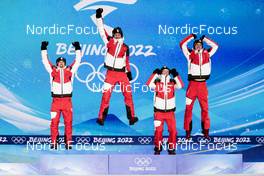 15.02.2022, Beijing, China (CHN): Stefan Kraft (AUT), Daniel Huber (AUT), Jan Hoerl (AUT), Manuel Fettner (AUT), (l-r)  - XXIV. Olympic Winter Games Beijing 2022, ski jumping men, medals, Beijing (CHN). www.nordicfocus.com. © Modica/NordicFocus. Every downloaded picture is fee-liable.