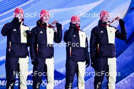 15.02.2022, Beijing, China (CHN): Constantin Schmid (GER), Stephan Leyhe (GER), Markus Eisenbichler (GER), Karl Geiger (GER), (l-r)  - XXIV. Olympic Winter Games Beijing 2022, ski jumping men, medals, Beijing (CHN). www.nordicfocus.com. © Modica/NordicFocus. Every downloaded picture is fee-liable.