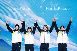 15.02.2022, Beijing, China (CHN): Lovro Kos (SLO), Cene Prevc (SLO), Timi Zajc (SLO), Peter Prevc (SLO), (l-r)  - XXIV. Olympic Winter Games Beijing 2022, ski jumping men, medals, Beijing (CHN). www.nordicfocus.com. © Modica/NordicFocus. Every downloaded picture is fee-liable.