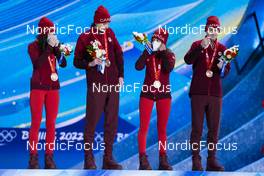 08.02.2022, Beijing, China (CHN): Alexandria Loutitt (CAN), Matthew Soukup (CAN), Abigail Strate (CAN), Mackenzie Boyd-Clowes (CAN), (l-r) - XXIV. Olympic Winter Games Beijing 2022, ski jumping men and women, mixed team HS106, medals, Beijing (CHN). www.nordicfocus.com. © Thibaut/NordicFocus. Every downloaded picture is fee-liable.