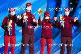 08.02.2022, Beijing, China (CHN): Alexandria Loutitt (CAN), Matthew Soukup (CAN), Abigail Strate (CAN), Mackenzie Boyd-Clowes (CAN), (l-r) - XXIV. Olympic Winter Games Beijing 2022, ski jumping men and women, mixed team HS106, medals, Beijing (CHN). www.nordicfocus.com. © Thibaut/NordicFocus. Every downloaded picture is fee-liable.