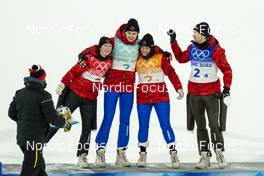 07.02.2022, Beijing, China (CHN): Alexandria Loutitt (CAN), Matthew Soukup (CAN), Abigail Strate (CAN), Mackenzie Boyd-Clowes (CAN), (l-r) - XXIV. Olympic Winter Games Beijing 2022, ski jumping men and women, mixed team HS106, Beijing (CHN). www.nordicfocus.com. © Thibaut/NordicFocus. Every downloaded picture is fee-liable.