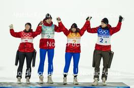 07.02.2022, Beijing, China (CHN): Alexandria Loutitt (CAN), Matthew Soukup (CAN), Abigail Strate (CAN), Mackenzie Boyd-Clowes (CAN), (l-r) - XXIV. Olympic Winter Games Beijing 2022, ski jumping men and women, mixed team HS106, Beijing (CHN). www.nordicfocus.com. © Thibaut/NordicFocus. Every downloaded picture is fee-liable.