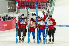 07.02.2022, Beijing, China (CHN): Alexandria Loutitt (CAN), Matthew Soukup (CAN), Abigail Strate (CAN), Mackenzie Boyd-Clowes (CAN), (l-r)  - XXIV. Olympic Winter Games Beijing 2022, ski jumping men and women, mixed team HS106, Beijing (CHN). www.nordicfocus.com. © Thibaut/NordicFocus. Every downloaded picture is fee-liable.