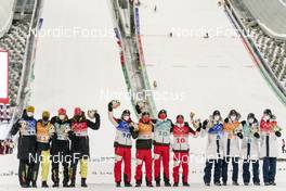 14.02.2022, Beijing, China (CHN): Lovro Kos (SLO), Cene Prevc (SLO), Timi Zajc (SLO), Peter Prevc (SLO), Stefan Kraft (AUT), Daniel Huber (AUT), Jan Hoerl (AUT), Manuel Fettner (AUT), Constantin Schmid (GER), Stephan Leyhe (GER), Markus Eisenbichler (GER), Karl Geiger (GER), (l-r)  - XXIV. Olympic Winter Games Beijing 2022, ski jumping men, team HS140, Beijing (CHN). www.nordicfocus.com. © Thibaut/NordicFocus. Every downloaded picture is fee-liable.