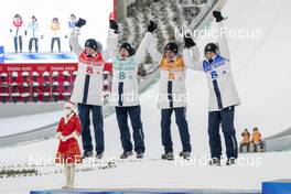 14.02.2022, Beijing, China (CHN): Lovro Kos (SLO), Cene Prevc (SLO), Timi Zajc (SLO), Peter Prevc (SLO), (l-r) - XXIV. Olympic Winter Games Beijing 2022, ski jumping men, team HS140, Beijing (CHN). www.nordicfocus.com. © Thibaut/NordicFocus. Every downloaded picture is fee-liable.
