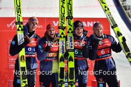 13.03.2022, Vikersund, Norway (NOR): 2nd place, Karl Geiger (GER), Markus Eisenbichler (GER), Andreas Wellinger (GER), Severin Freund (GER), (l-r) - FIS world championships ski flying men, team HS240, Vikersund (NOR). www.nordicfocus.com. © Reichert/NordicFocus. Every downloaded picture is fee-liable.