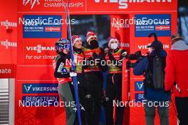 13.03.2022, Vikersund, Norway (NOR): Marius Lindvik (NOR), Robert Johansson (NOR), Daniel Andre Tande (NOR), Johann Andre Forfang (NOR), (l-r) - FIS world championships ski flying men, team HS240, Vikersund (NOR). www.nordicfocus.com. © Reichert/NordicFocus. Every downloaded picture is fee-liable.