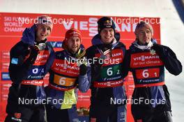 13.03.2022, Vikersund, Norway (NOR): 2nd place, Karl Geiger (GER), Markus Eisenbichler (GER), Andreas Wellinger (GER), Severin Freund (GER), (l-r) - FIS world championships ski flying men, team HS240, Vikersund (NOR). www.nordicfocus.com. © Reichert/NordicFocus. Every downloaded picture is fee-liable.