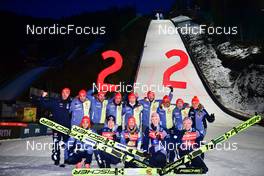 13.03.2022, Vikersund, Norway (NOR): Karl Geiger (GER), Markus Eisenbichler (GER), Andreas Wellinger (GER), Severin Freund (GER), (l-r) - FIS world championships ski flying men, team HS240, Vikersund (NOR). www.nordicfocus.com. © Reichert/NordicFocus. Every downloaded picture is fee-liable.