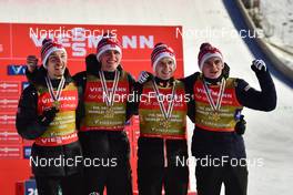 13.03.2022, Vikersund, Norway (NOR): 3rd place, Johann Andre Forfang (NOR), Daniel Andre Tande (NOR), Halvor Egner Granerud (NOR), Marius Lindvik (NOR), (l-r) - FIS world championships ski flying men, team HS240, Vikersund (NOR). www.nordicfocus.com. © Reichert/NordicFocus. Every downloaded picture is fee-liable.