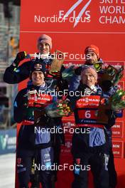 13.03.2022, Vikersund, Norway (NOR): 2nd place, Karl Geiger (GER), Andreas Wellinger (GER), Markus Eisenbichler (GER), Severin Freund (GER), (l-r) - FIS world championships ski flying men, team HS240, Vikersund (NOR). www.nordicfocus.com. © Reichert/NordicFocus. Every downloaded picture is fee-liable.