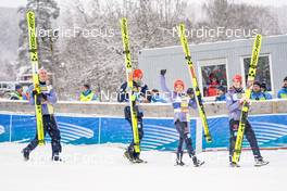 10.12.2022, Titisee-Neustadt, Germany (GER): Karl Geiger (GER), Constantin Schmid (GER), Katharina Althaus (GER), Selina Freitag (GER), (l-r)  - FIS world cup ski jumping men, mixed team HS142, Titisee-Neustadt (GER). www.nordicfocus.com. © Thibaut/NordicFocus. Every downloaded picture is fee-liable.