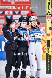 26.02.2022, Hinzenbach, Austria (AUT): Katra Komar (SLO), Spela Rogelj (SLO), Nika Kriznar (SLO) - FIS world cup ski jumping women, individual HS90, Hinzenbach (AUT). www.nordicfocus.com. © Tumashov/NordicFocus. Every downloaded picture is fee-liable.