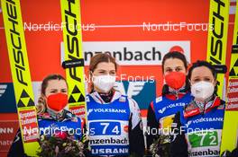25.02.2022, Hinzenbach, Austria (AUT): Chiara Kreuzer (AUT), Marita Kramer (AUT), Lisa Eder (AUT), Jacqueline Seifriedsberger (AUT), (l-r) - FIS world cup ski jumping women, team HS90, Hinzenbach (AUT). www.nordicfocus.com. © Tumashov/NordicFocus. Every downloaded picture is fee-liable.