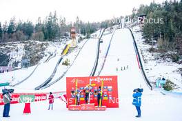 29.12.2022, Villach, Austria (AUT): Katharina Althaus (GER), Eva Pinkelnig (AUT), Nika Kriznar (SLO), (l-r), (l-r) - FIS world cup ski jumping women, individual HS98, Villach (AUT). www.nordicfocus.com. © Thibaut/NordicFocus. Every downloaded picture is fee-liable.