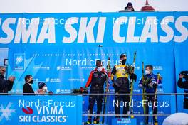 08 01 2022, Pustertal, Italy (ITA): Oskar Kardin (SWE), Max Novak (SWE), Stian Hoelgaard (NOR), (l-r) - Visma Ski Classics 62km Pustertaler Ski Marathon - Pustertal (ITA). www.nordicfocus.com. © Thibaut/NordicFocus. Every downloaded picture is fee-liable.