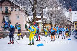 09 01 2022, Pustertal, Italy (ITA): Runar Skaug Mathisen (NOR), Nils Persson (SWE), Torleif Syrstad (NOR), Bastien Poirrier (FRA), Simen Engebretsen Nordli (NOR), Petter Soleng Skinstad (NOR), (l-r)  - Visma Ski Classics 32km Prato Piazza Mountain Challenge - Pustertal (ITA). www.nordicfocus.com. © Thibaut/NordicFocus. Every downloaded picture is fee-liable.