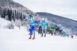 09 01 2022, Pustertal, Italy (ITA): Paul Combey (FRA), Andrei Kuznetsov (RUS), Thomas Odegaarden (NOR), Isac Holmstrom (FIN), Olaf Talmo (NOR), (l-r)  - Visma Ski Classics 32km Prato Piazza Mountain Challenge - Pustertal (ITA). www.nordicfocus.com. © Thibaut/NordicFocus. Every downloaded picture is fee-liable.