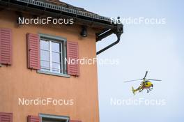 22.01.2022, Zuoz Switzerland (SUI): Event Feature: Helicopter arriving at the finish line- Visma Ski Classics La Diagonela, Zuoz (SUI). www.nordicfocus.com. © Tumashov/NordicFocus. Every downloaded picture is fee-liable.