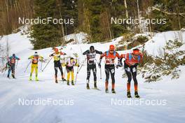 26.03.2022, Valadalen, Sweden (SWE): Thomas Joly (NOR), Chris Jespersen (NOR), Andreas Nygaard (NOR), Max Novak (SWE), Tord Asle Gjerdalen (NOR), Kasper Stadaas (NOR), Oskar Kardin (SWE), (l-r) - Visma Ski Classics Arefjaellsloppet, Valadalen (SWE). www.nordicfocus.com. © Manzoni/NordicFocus. Every downloaded picture is fee-liable.