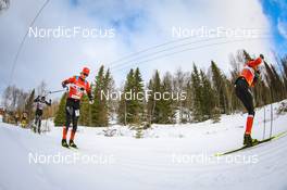 26.03.2022, Valadalen, Sweden (SWE): Tord Asle Gjerdalen (NOR), Kasper Stadaas (NOR), Oskar Kardin (SWE), (l-r) - Visma Ski Classics Arefjaellsloppet, Valadalen (SWE). www.nordicfocus.com. © Manzoni/NordicFocus. Every downloaded picture is fee-liable.